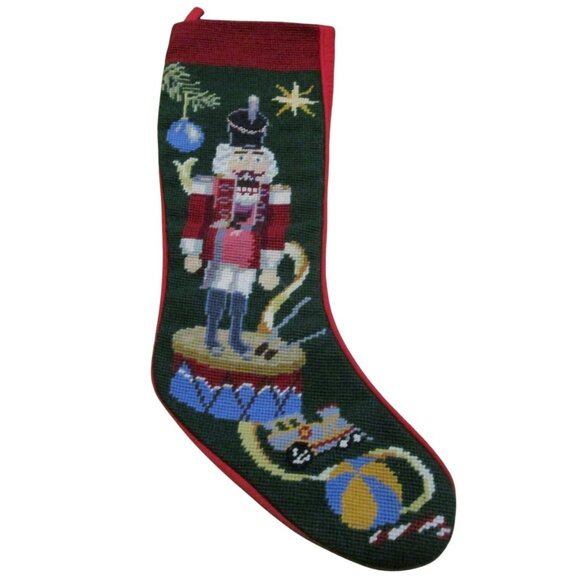 Handcrafted Nutcracker Christmas Stocking With Flannel Back & Needlepoint Design - Picture 1 of 6